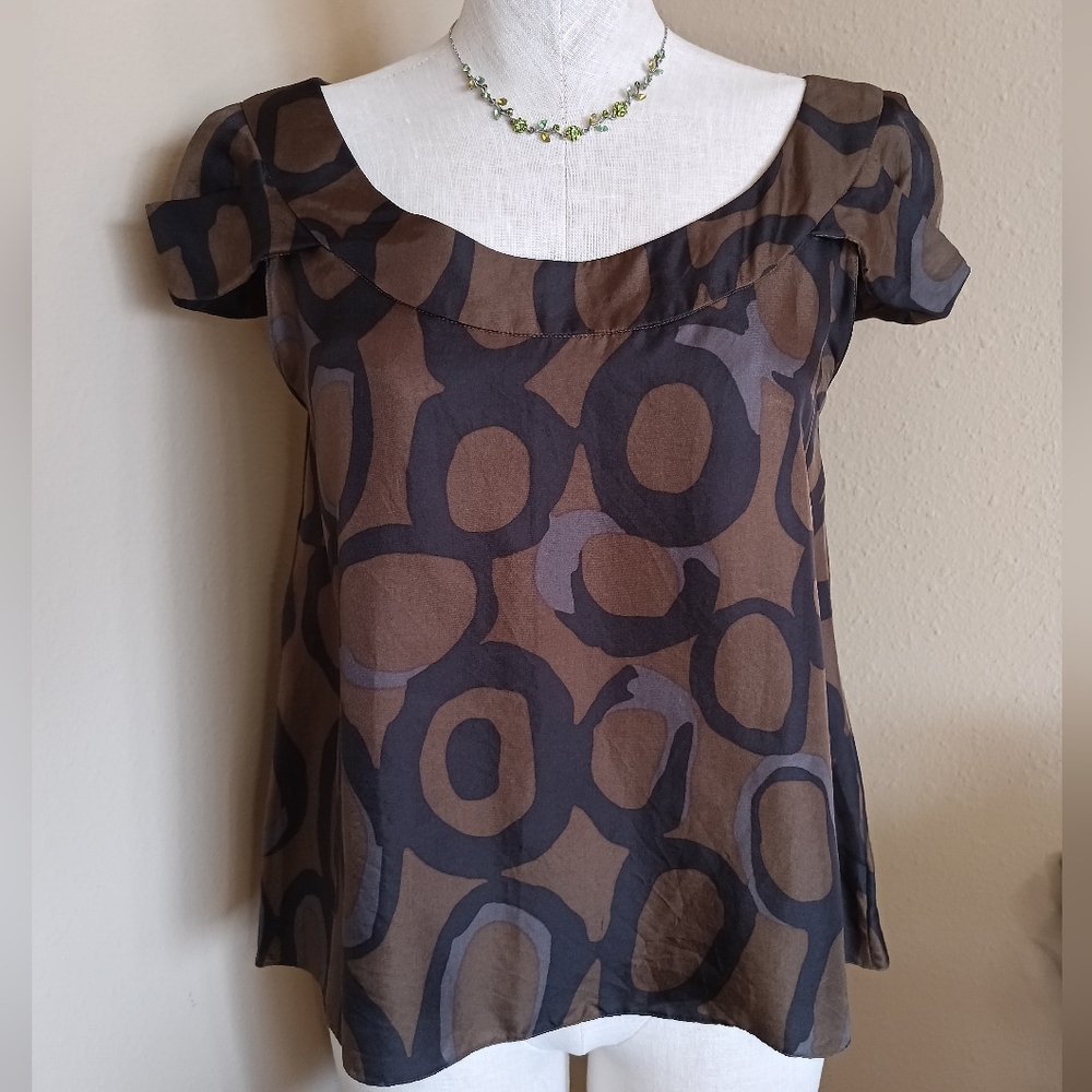 Chloé Silk Blouse Abstract Circle Print Brown Gray Black Size 6